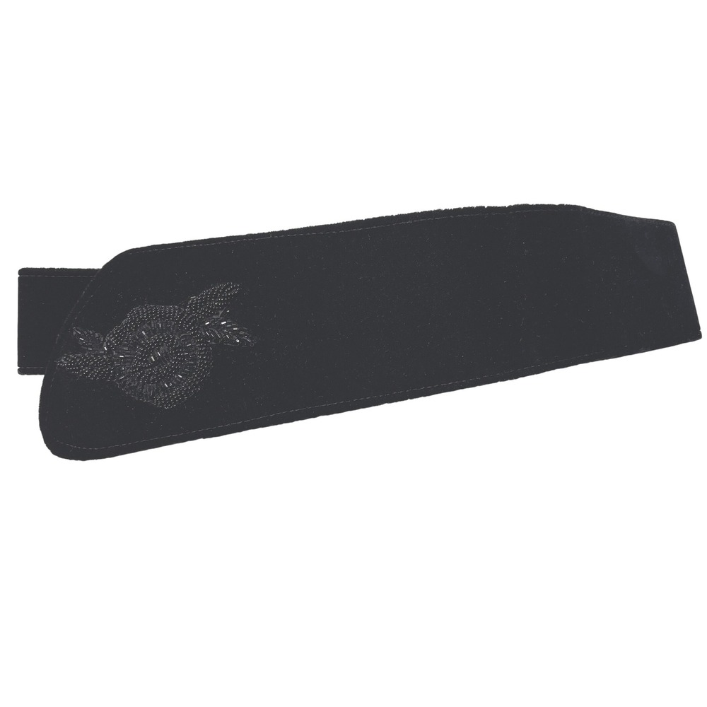 VTG Carla Marchi Black Velvet Beaded Flower Snap Closure Waist‎ Belt OS Goth 80s